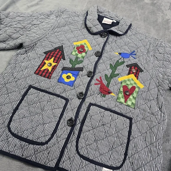 Vintage Folk Art Quilted Jacket Birdhouse Applique Gingham Large - Picture 10 of 14